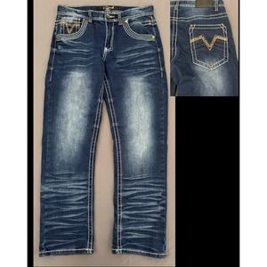 True Luck Jeans Men Sz 30X30 Dark Wash Bootcut Mid Rise Stretch Embroidered